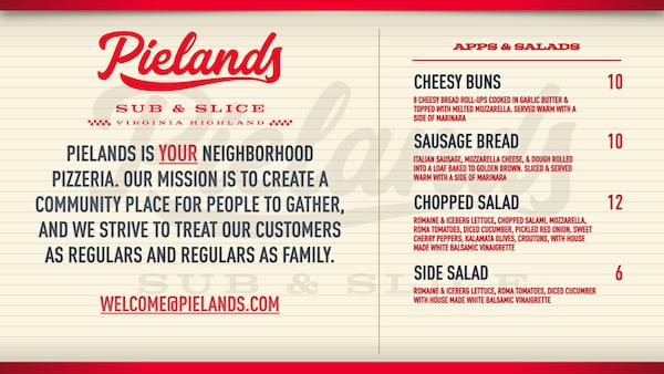 Pielands menu