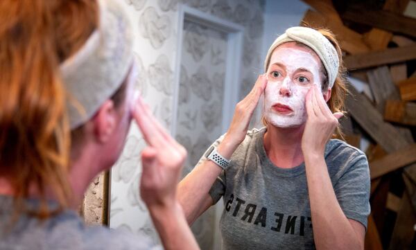 Amy Leavell Bransford applies her DIY yogurt facial mask at her Atlanta salon June 30, 2020. STEVE SCHAEFER FOR THE ATLANTA JOURNAL-CONSTITUTION