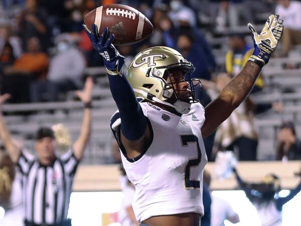 Georgia Tech wide receiver Kyric McGowan (2) celebrates a touchdown against Virginia Saturday, Oct. 23, 2021, in Charlottesville, Va. (Andrew Shurtleff/AP)