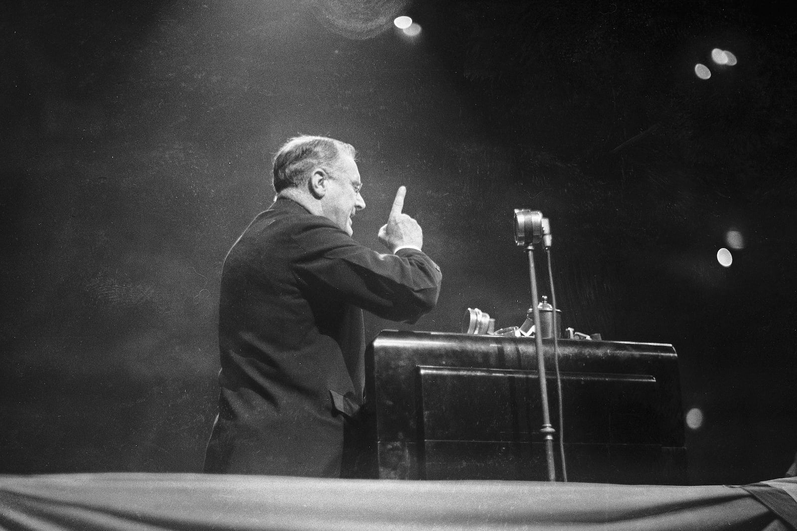 FILE - President Franklin Roosevelt gestures as makes a campaign speech at Madison Square Garden in New York, Oct. 31, 1936. (AP Photo/File)