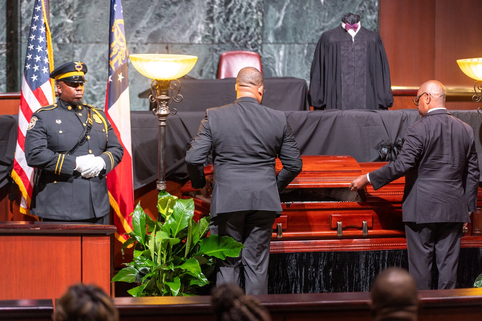 The casket of Marvin Arrington Sr., former superior court judge and Atlanta City Council president, is closed as he lay in state at Atlanta City Hall on Thursday, July 27, 2023. (Arvin Temkar / arvin.temkar@ajc.com)