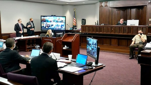 Greg and Travis McMichael argue for bond in Ahmaud Arbery case on Thursday, Nov. 12, 2020, before Superior Court Judge Timothy Walmsley. Credit: Channel 2 Action News