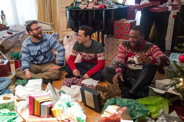 Seth Rogen, from left, Joseph Gordon-Levitt and Anthony Mackie star in Columbia Pictures' "The Night Before."