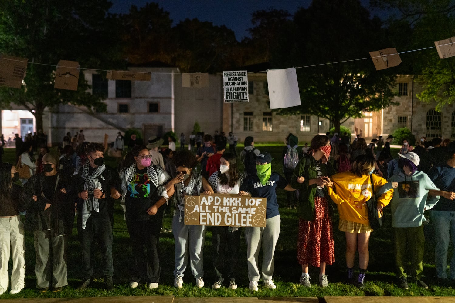 Protesters gathered for a third day of pro-Palestine demonstrations on the Emory University quad.