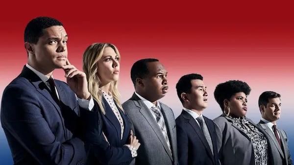 Trevor Noah (left) with his "Daily Show" correspondents Desi Lydik, Roy Wood Jr., Ronny Chieng, Dulce Sloan and Michael Kosta. COMEDY CENTRAL