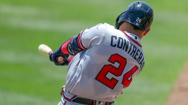 Braves catcher William Contreras follows through on a run-scoring single against the Toronto Blue Jays during the second inning Sunday, May 2, 2021, in Dunedin, Fla. (Mike Carlson/AP)