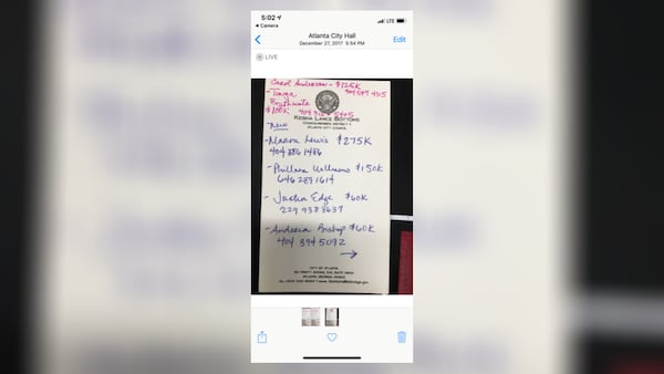 A hand-written note, on then Councilwoman Keisha Lance Bottoms’ stationary, listing the workers from her mayoral campaign to be hired by the city and listing the desired salary for each.