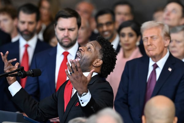 Pastor of 180 Church Lorenzo Sewell, delivers a benediction after President Donald Trump was sworn in during the 60th Presidential Inauguration in the Rotunda of the U.S. Capitol in Washington, Monday, Jan. 20, 2025. (Saul Loeb/Pool photo via AP)