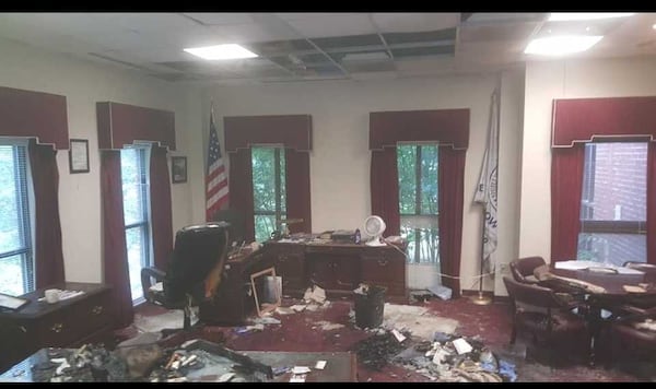 Morris Brown College interim president Kevin James posted this photo on his Facebook page, saying a fire on June 1, 2019, caused extensive water damage to his office.