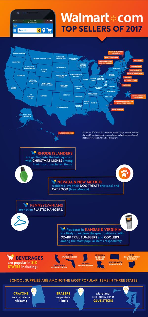 Walmart just released a map showing top selling items in each state. In Maryland it’s glue sticks. Graphic: courtesy Walmart