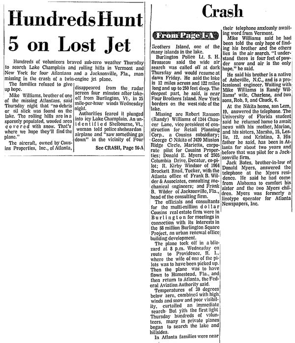 From the front page of the Jan. 29, 1971, edition of The Atlanta Journal Constitution, this article reports a jet that crashed in Vermont on Jan. 27, which had four metro Atlantans as passengers aboard.