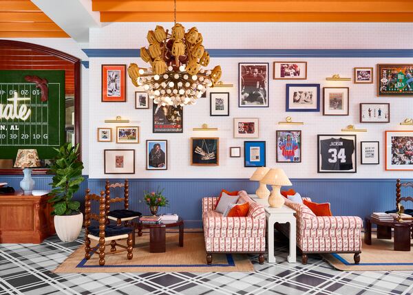 The lobby of Graduate by Hilton Auburn, AL, evokes the best of sports memories, especially those of local hero and multi-sport legend Bo Jackson." 
Credit: Marc Mauldin for Graduate by Hilton Auburn, AL