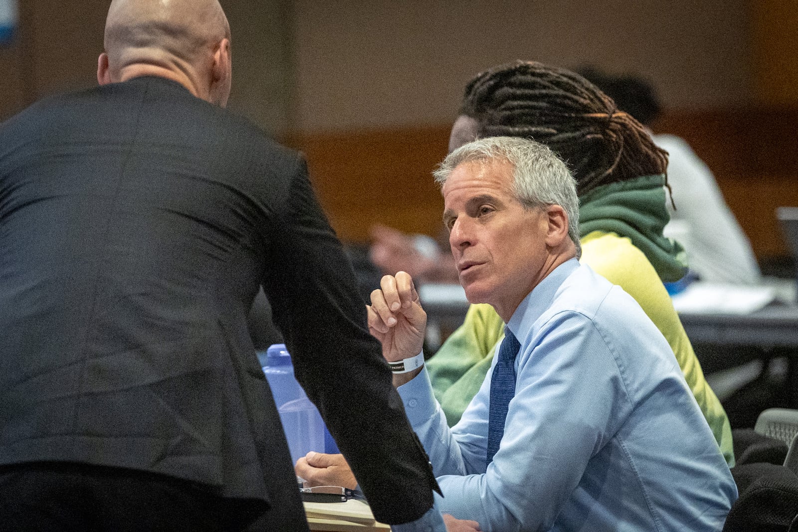 Defense attorney Max Schardt (Left) talks with defense attorney Brian Steel during jury selection in the ongoing "Young Slime Life" gang and racketeering trial at the Fulton County Courthouse on Tuesday, September 12, 2023. (Steve Schaefer/steve.schaefer@ajc.com)