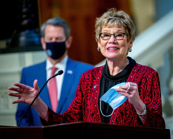 Georgia Public Health Commissioner Kathleen Toomey gives reporters an update on the COVID-19 vaccine at the state Capitol last month. (Steve Schaefer for The Atlanta Journal-Constitution)