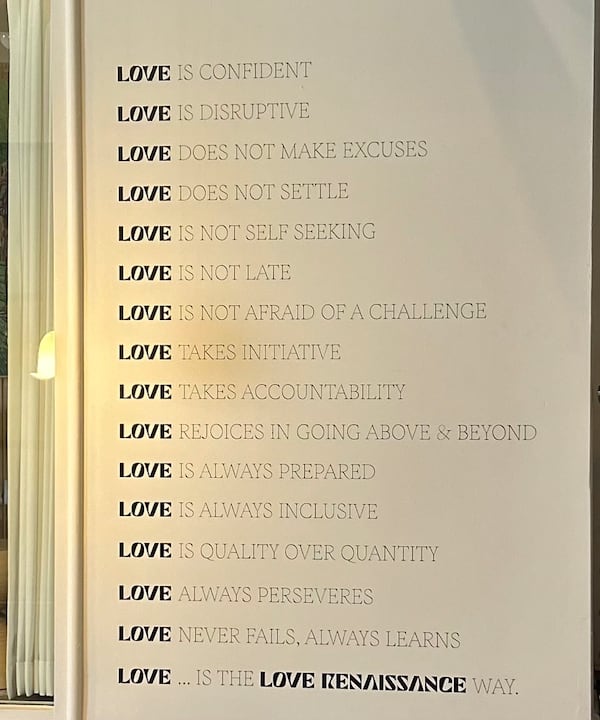 Amber Grimes, Love Renaissance's executive vice president and general manager, had these company ideals painted on a hallway wall of the company's Castleberry Hill offices. Courtesy of LVRN