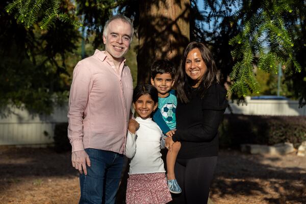 (L-R) Dhaval, Kaiya, 7, Kaveh, 3, and Yogita Desai pose for a portrait in Sandy Springs on Friday, October 27, 2023. (Arvin Temkar / arvin.temkar@ajc.com)