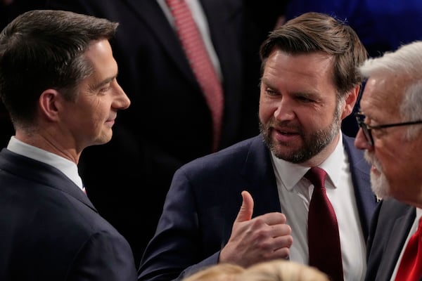 Vice President JD Vance talks with Sen. Tom Cotton, R-Ark., left, before President Donald Trump addresses a joint session of Congress in the House chamber at the U.S. Capitol in Washington, Tuesday, March 4, 2025. (AP Photo/Julia Demaree Nikhinson)