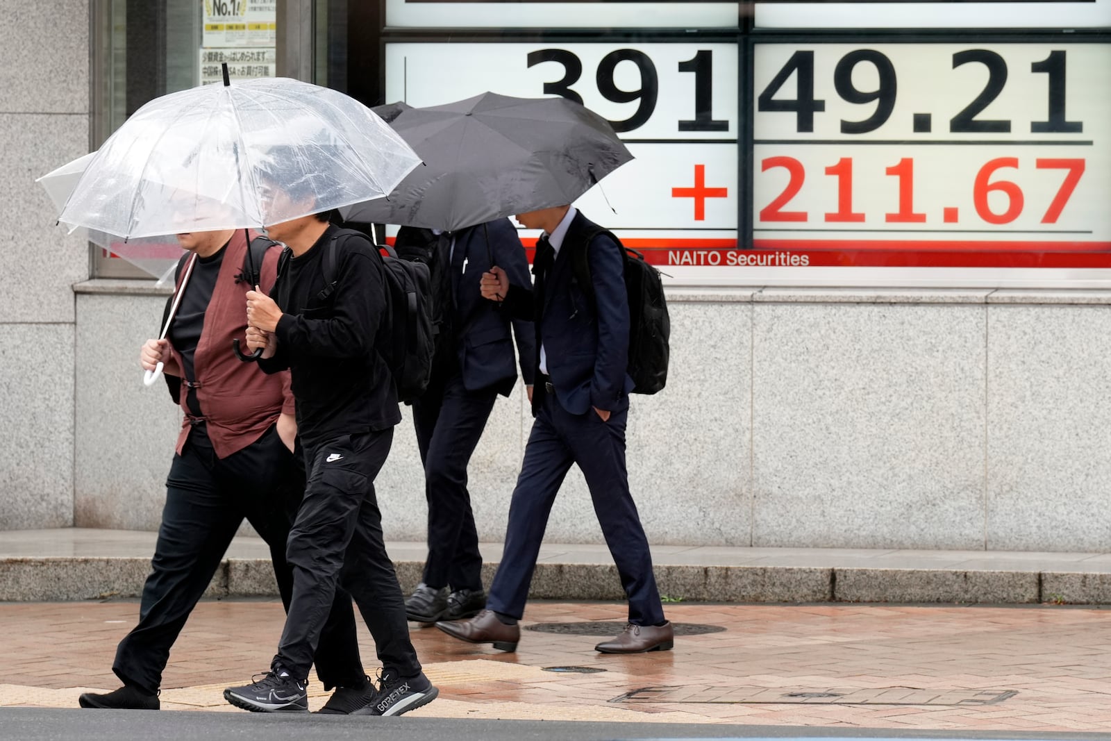 People walk in front of an electronic stock board showing Japan's Nikkei index at a securities firm, Wednesday, Oct. 9, 2024, in Tokyo. (AP Photo/Eugene Hoshiko)