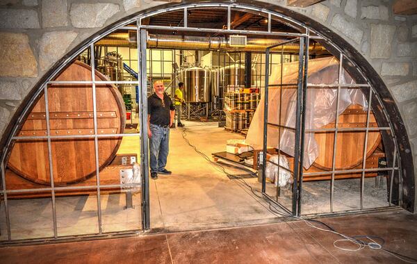 View looking into the Cask Room from the main dining area of the Bold Monk Brewing Co. in Atlanta.