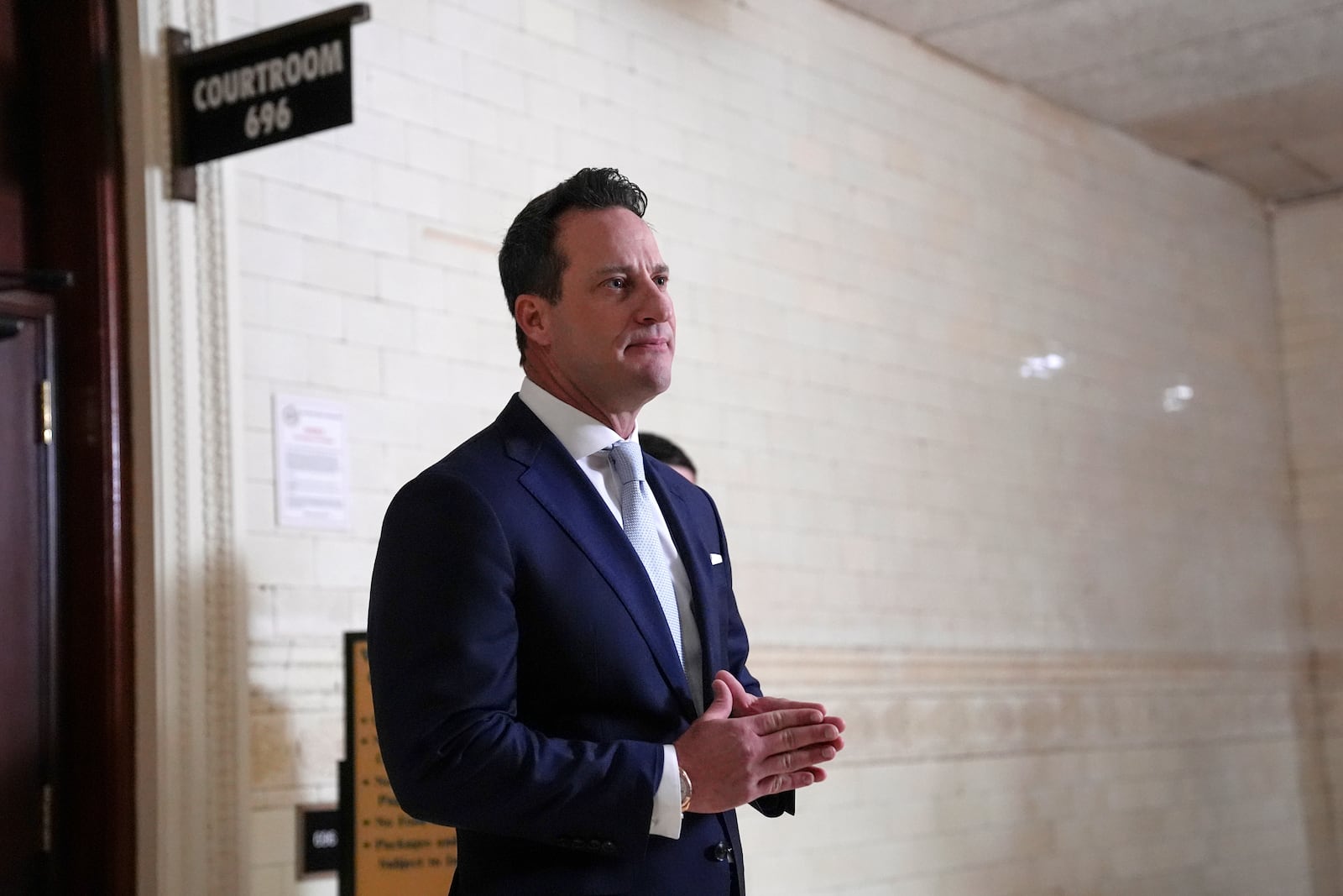 America PAC lawyer Chris Gober speaks with members of the media ahead of a hearing at a City Hall courtroom in Philadelphia, Monday, Nov. 4, 2024. (AP Photo/Matt Rourke)