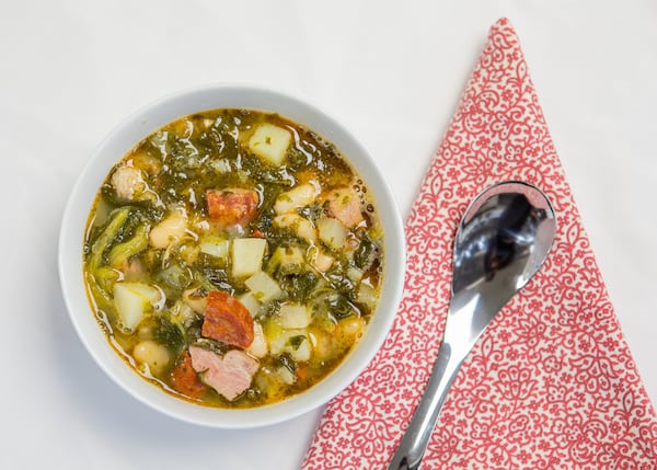 Caldo Gallego gets meaty flavor from Spanish chorizo and a ham hock. (Aaliyah Man for The Atlanta Journal-Constitution)