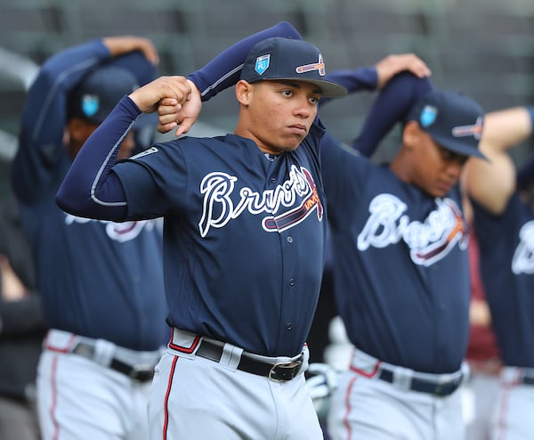 Braves catcher William Contreras gets lose while preparing to play in the Future Stars Exhibition Game on Tuesday, March 27, 2018, in Atlanta.  (Curtis Compton/ccompton@ajc.com)