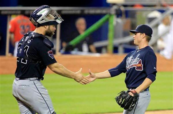 Atlanta Braves catcher Evan Gattis, left, congratulates relief pitcher Shae Simmons after they defeated the Miami Marlins 4-2 in a baseball game in Miami, Sunday, June 1, 2014. (AP Photo/Joe Skipper) Promising rookie Shae Simmons, being congratulated by catcher Evan Gattis after a game in Miami, has been thrust into immediate high-leverage situations in a bullpen that's not been up to its standards of recent seasons (AP photo)