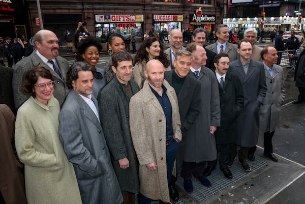 FILE - The cast of "Good Night, and Good Luck" appear with George Clooney, front row center, at the Broadway cast announcement at the Winter Garden Theatre on Feb. 6, 2025, in New York. (Photo by Christopher Smith/Invision/AP, File)