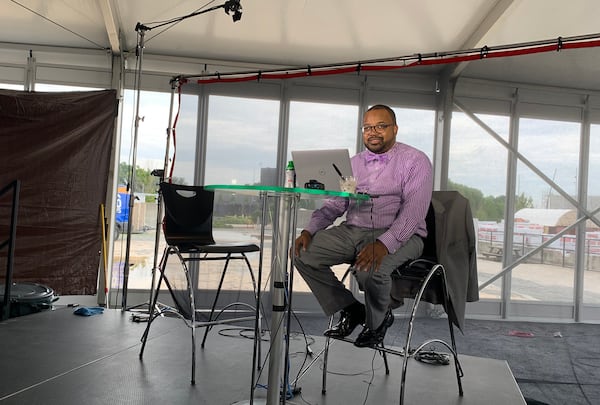 CBS46 uprooted for a week to Assembly Studios while its 14th Street studios were being renovated. Meteorologist Rodney Harris prepped for the noon newscast August 11, 2022. RODNEY HO/rho@ajc.com