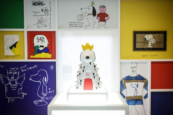 Drawings of Snoopy are displayed as part of Peanuts' 75th Anniversary, at the Snoopy In Style exhibition that runs from March 22 through April 5, in Paris Thursday, March 20, 2025. (AP Photo/Thomas Padilla)