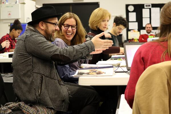  Bush and Shaffer share a laugh at rehearsal, with director Susan V. Booth in the background.