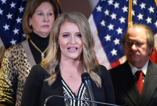 Attorney Jenna Ellis speaking during a press conference at the Republican National Committee headquarters in Washington, D.C., on Nov. 19, 2020. Ellis, a former member of former President Donald Trump's legal team, was one of 19 people charged in a Georgia racketeering indictment. (Mandel Ngan/AFP/Getty Images/TNS)