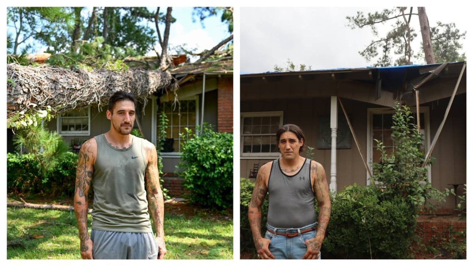 This side-by-side image shows Daniel Shahan in front of his and his wife’s Valdosta home in August 2023 and October 2024. In the image on the left, Hurricane Idalia had knocked a tree onto his home. In the image on the right, the Shahans had not been able to repair the roof before Hurricane Helene swept through and caused more damage. (Courtesy of the Ledger-Enquirer)