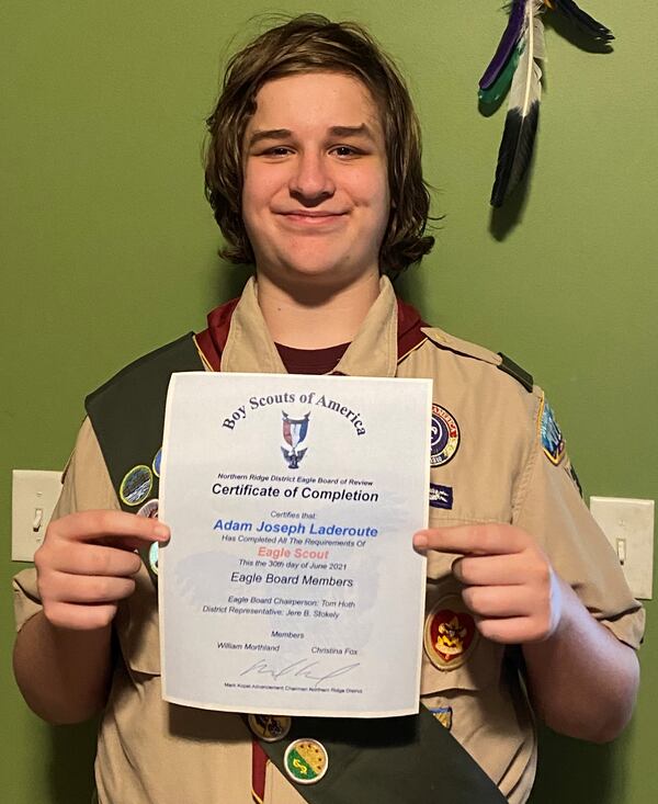 The Northern Ridge Boy Scout District (Cities of Roswell, Alpharetta, John’s Creek, Milton) is proud to announce its newest Eagle Scout,  who passed his Board of Review On June 30: Adam laderoute, of Troop 356, sponsored by Fellowship Christian School, whose project was the design and construction of 27 cat hammocks with mounting boards as well as 54 steps to the hammocks, for the FurKids Shelter