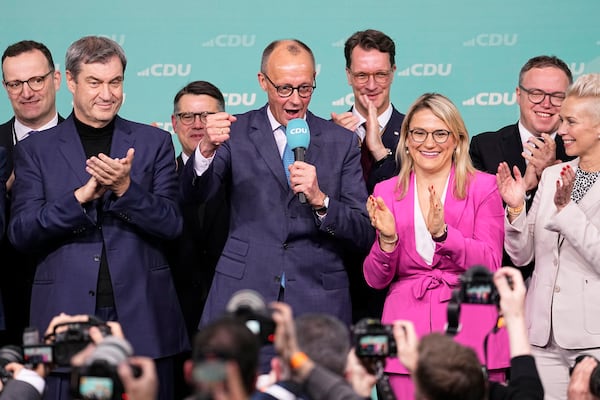 Friedrich Merz, the candidate of the mainstream conservative Christian Democratic Union party, addresses supporters at the party headquarters in Berlin, Germany, Sunday, Feb. 23, 2025, after the German national election. (AP Photo/Martin Meissner)