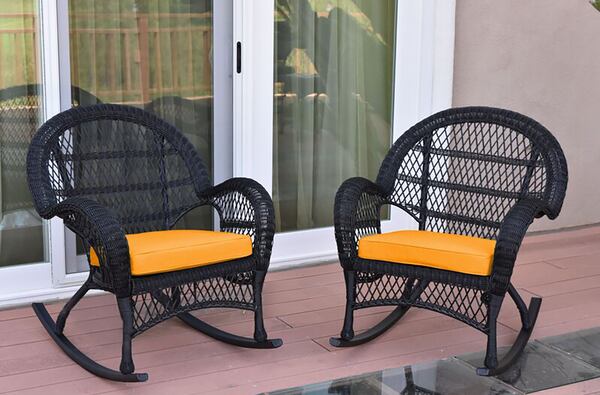 The outdoor Berchmans rocking chair is durable, all-weather resin wicker over a powder-coated steel frame. It is built to withstand anything you throw at it.