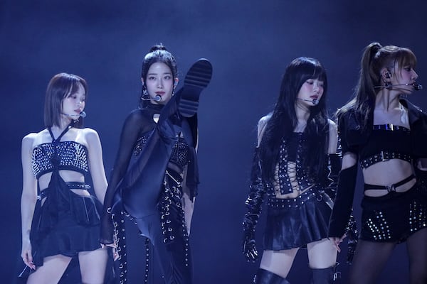 Kim Chaewon, from left, Kazuha, Hong Eunchae and Sakura Miyawaki from the group 'Le Sserafim' perform during the MTV European Music Awards in Manchester, England, Sunday, Nov. 10, 2024. (Scott A Garfitt/Invision/AP)