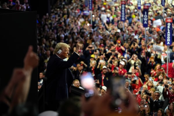 Republican presidential candidate former President Donald Trump gestures as he arrives at the Republican National Convention Wednesday, July 17, 2024, in Milwaukee. (AP Photo/Julia Demaree Nikhinson)