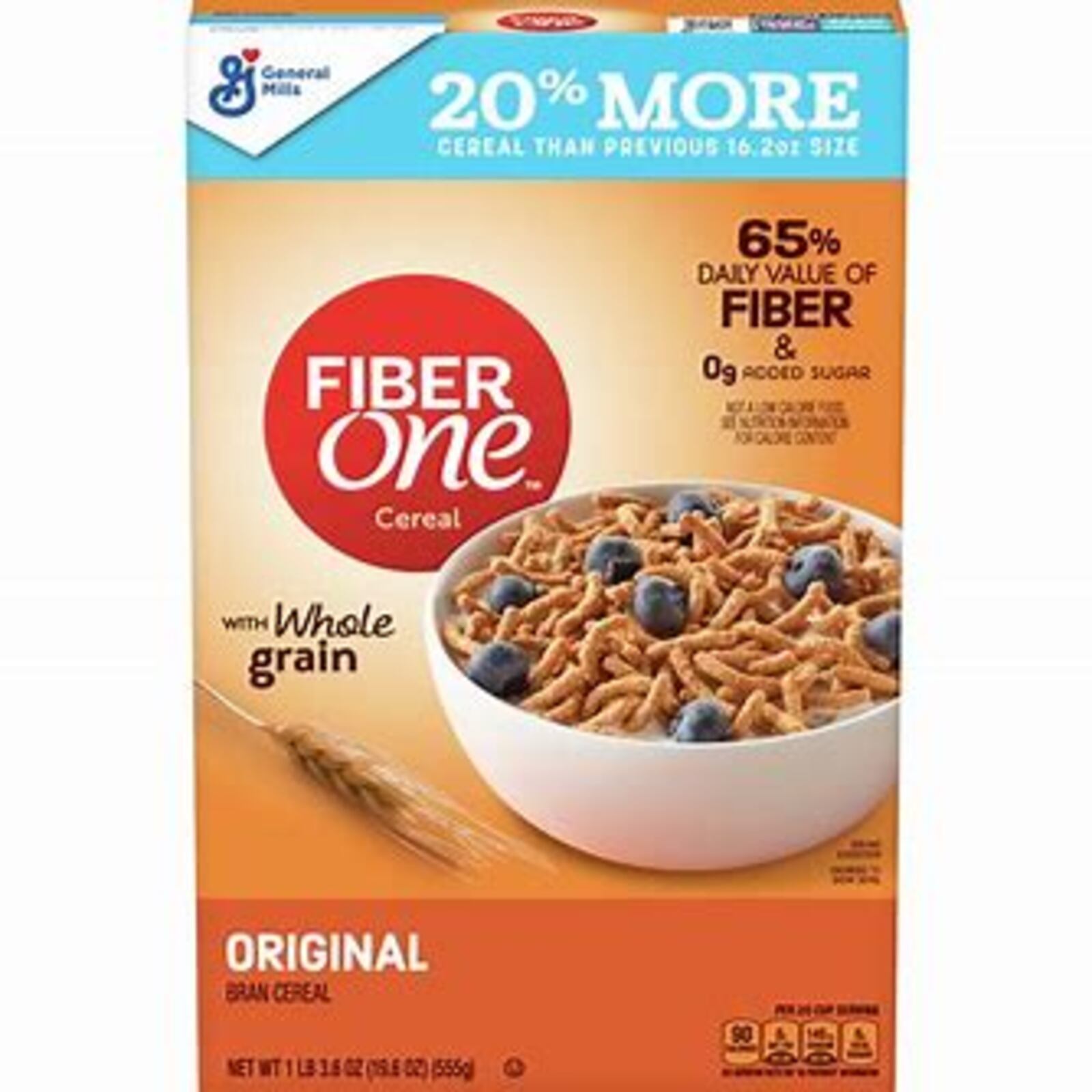 General Mills Original Fiber One bran cereal offers 65% of the daily value of fiber and no added sugar.