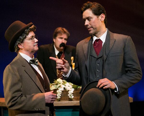 Theatrical Outfit's farcical mystery "Baskerville" features Lala Cochran (from left), Robin Bloodworth and John Keabler.
Courtesy of Casey Ford Photography