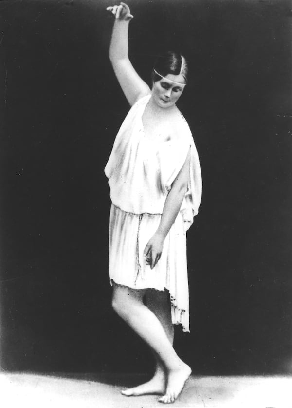 Isadora Duncan, seen in this undated photo, dances in one of  the diaphanous costumes from the Greek, which inspired her dances, or, as she put it, her "finding and expressing a new form of life."  Duncan, who was born in San Francisco in 1878, died in Nice, France, on Sept. 14, 1927. (AP Photo/rw)