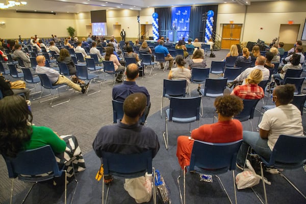 Georgia State University President Brian Blake fields questions during an on-campus meeting Monday, August 30, 2021. STEVE SCHAEFER FOR THE ATLANTA JOURNAL-CONSTITUTION