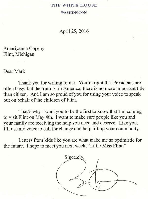 President Barack Obama responded to a letter written by 8-year-old Mari Copeny in 2016 regarding the water crisis in Flint, Mich. The two met in Flint a week later.