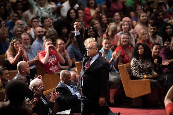 Atlanta mayoral candidate Vincent Fort gestures to supporters during a campaign rally at Saint Phillip AME Church, Saturday, Sept. 30, 2017. BRANDEN CAMP / SPECIAL