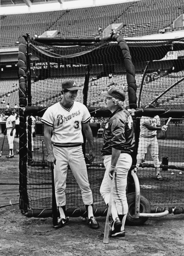 Dale Murphy (left) and teammate Bob Horner wait for their turns in the batting cage during the 1982 season.