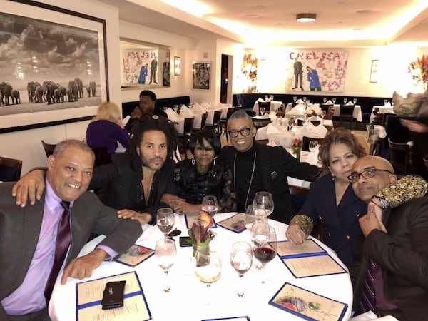 (l. to r.) Actor Laurence Fishburne, musician Lenny Kravitz, late actress Cicely Tyson, fashion designer B Michael, songwriter Valerie Simpson and B Michael Global chairman and CEO Mark-Anthony Edwards having a private dinner after late actress Diahann Carroll's funeral in October 2019.