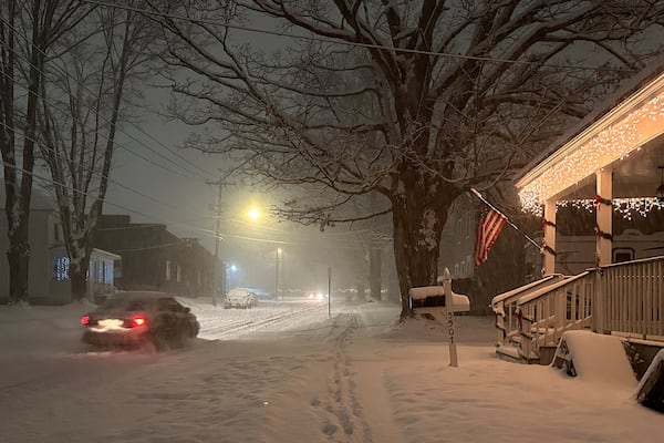 Lake-effect snow falls in Lowville, N.Y., on Friday, Nov. 29, 2024. (AP Photo/Cara Anna)