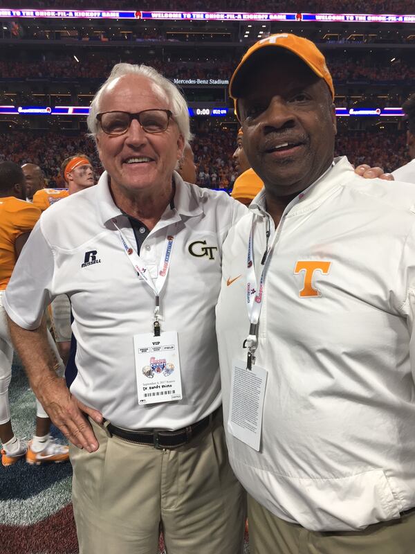 Georgia Tech legend Randy Rhino (left) poses with Tennessee great Condredge Holloway after the Tech-Tennessee game September 4, 2017 at Mercedes-Benz Stadium. (Courtesy Randy Rhino)