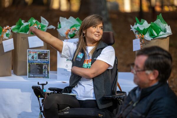 Aimee Copeland spoke for All Terrain Georgia, an initiative of Aimee Copeland Foundation in partnership with Georgia Department of Natural Resources, as they introduced the all-terrain chairs they provide to enable the mobility impaired to get out in nature. One of the Action Trackchairs was available to try out at a Panola Mountain State Park after the ceremony. PHIL SKINNER FOR THE ATLANTA JOURNAL-CONSTITUTION