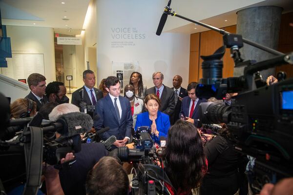 07/19/2021 — Atlanta, Georgia — Sen. Amy Klobuchar (D-Minnesota) make remarks following a field hearing of the Senate Rules Committee centered on voting legislation at the National Center for Civil and Human Rights in Atlanta, Monday, July 19, 2021. (Alyssa Pointer/Atlanta Journal Constitution)